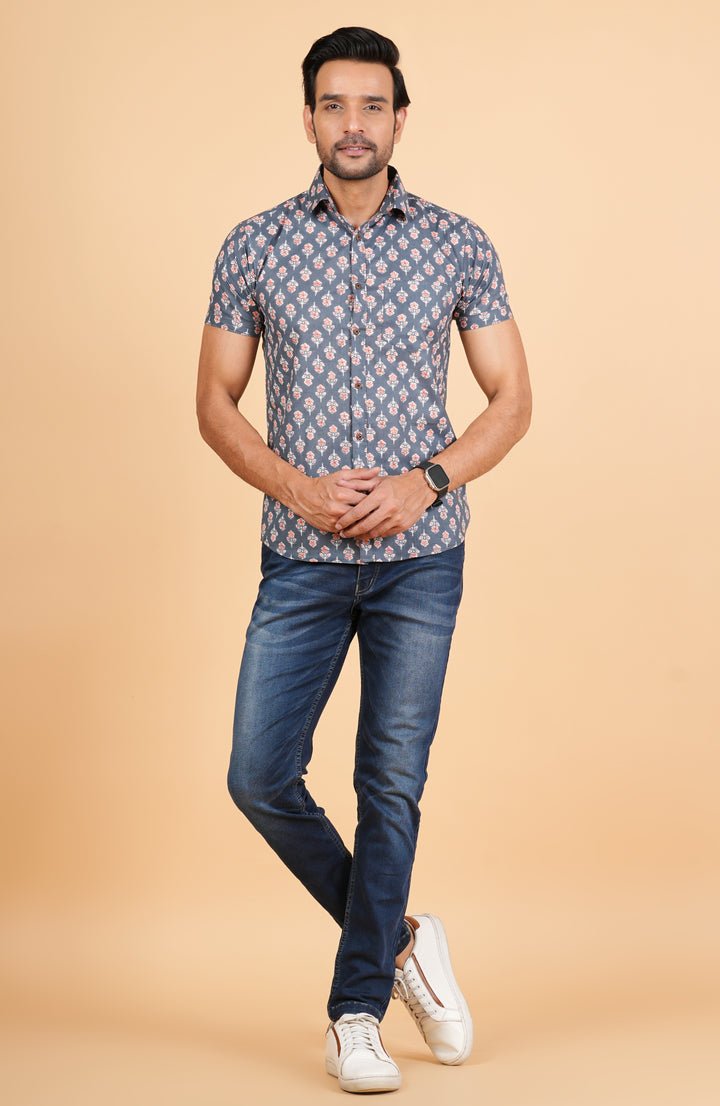 Pure Cotton hand Block Printed Half Sleeve Shirt , Jaipuri Style