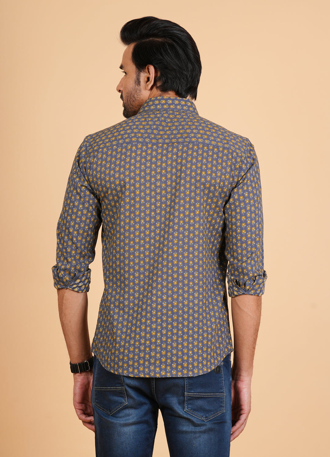 Jaipuri Block Print Cotton Brown Full Sleeve Shirt with Front One Pocket