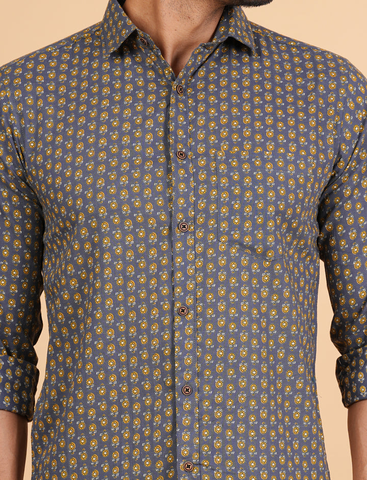 Jaipuri Block Print Cotton Brown Full Sleeve Shirt with Front One Pocket