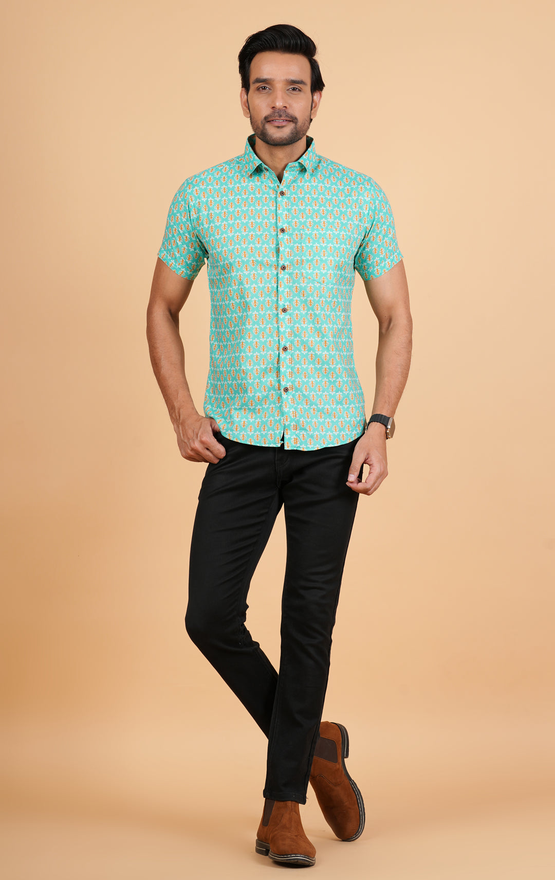 Stylish Pure Cotton Retro Aqua green Hand Block Printed Half sleeve Shirt