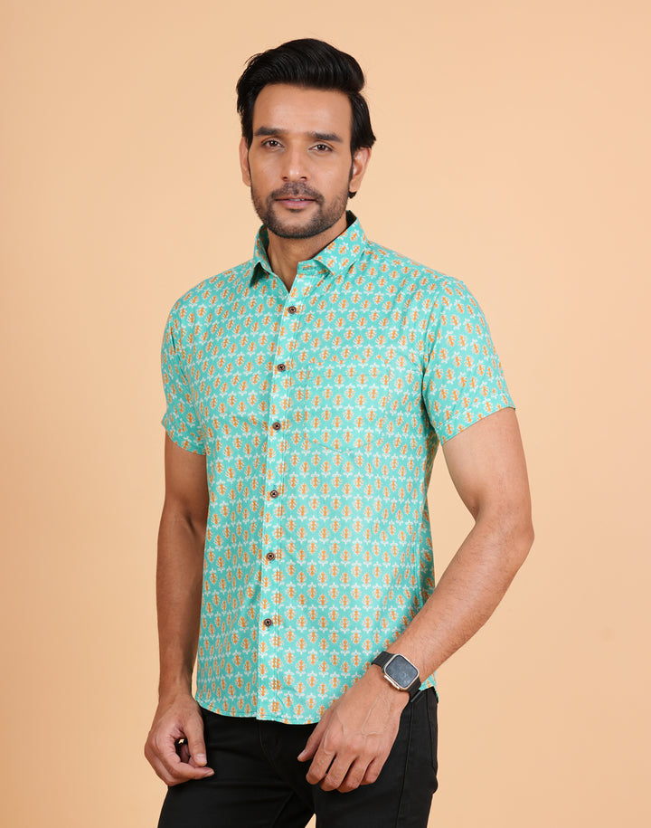 Stylish Pure Cotton Retro Aqua green Hand Block Printed Half sleeve Shirt