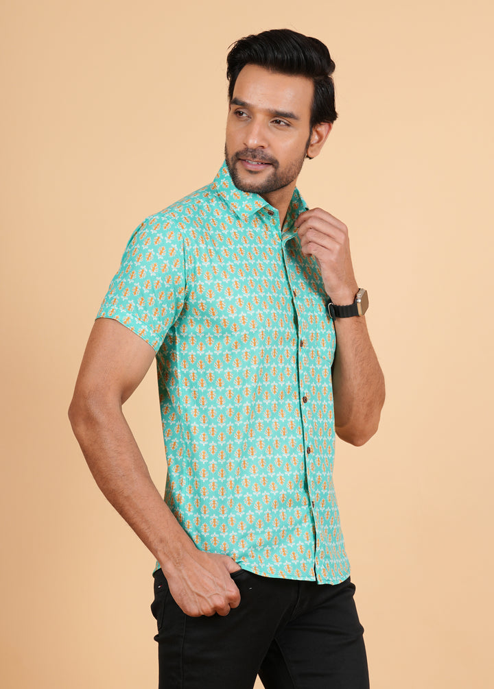 Stylish Pure Cotton Retro Aqua green Hand Block Printed Half sleeve Shirt