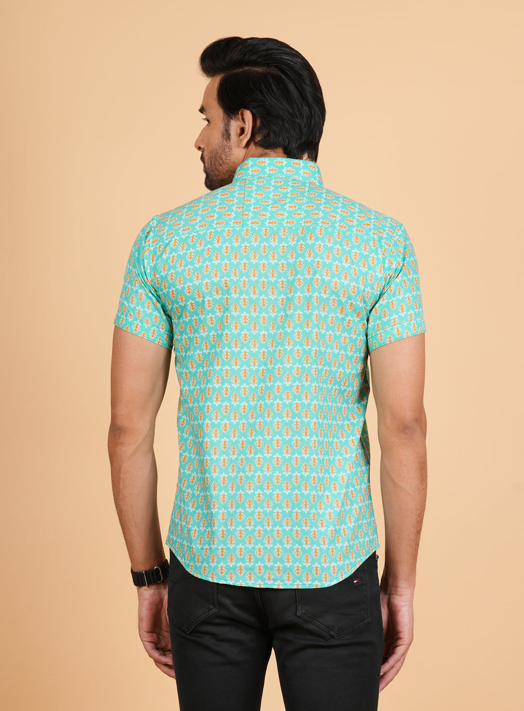 Stylish Pure Cotton Retro Aqua green Hand Block Printed Half sleeve Shirt