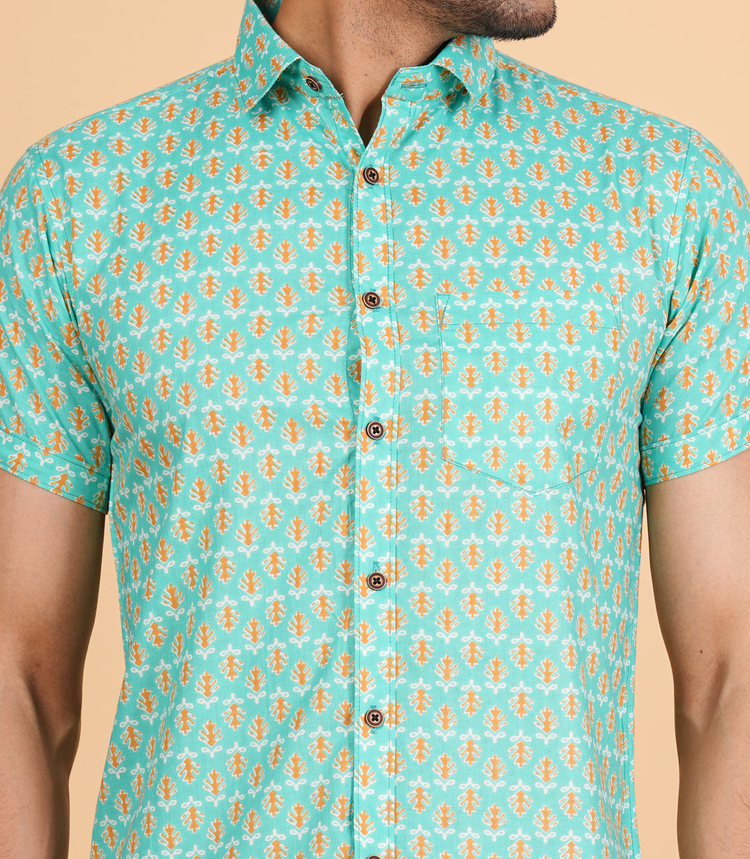 Stylish Pure Cotton Retro Aqua green Hand Block Printed Half sleeve Shirt