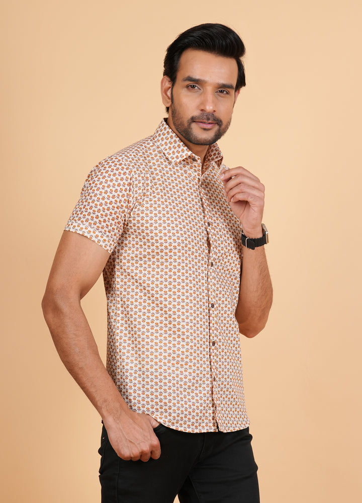 Cream Cotton Unique Print Stylish Half Sleeve Handmade Block Printed  Men's Shirt