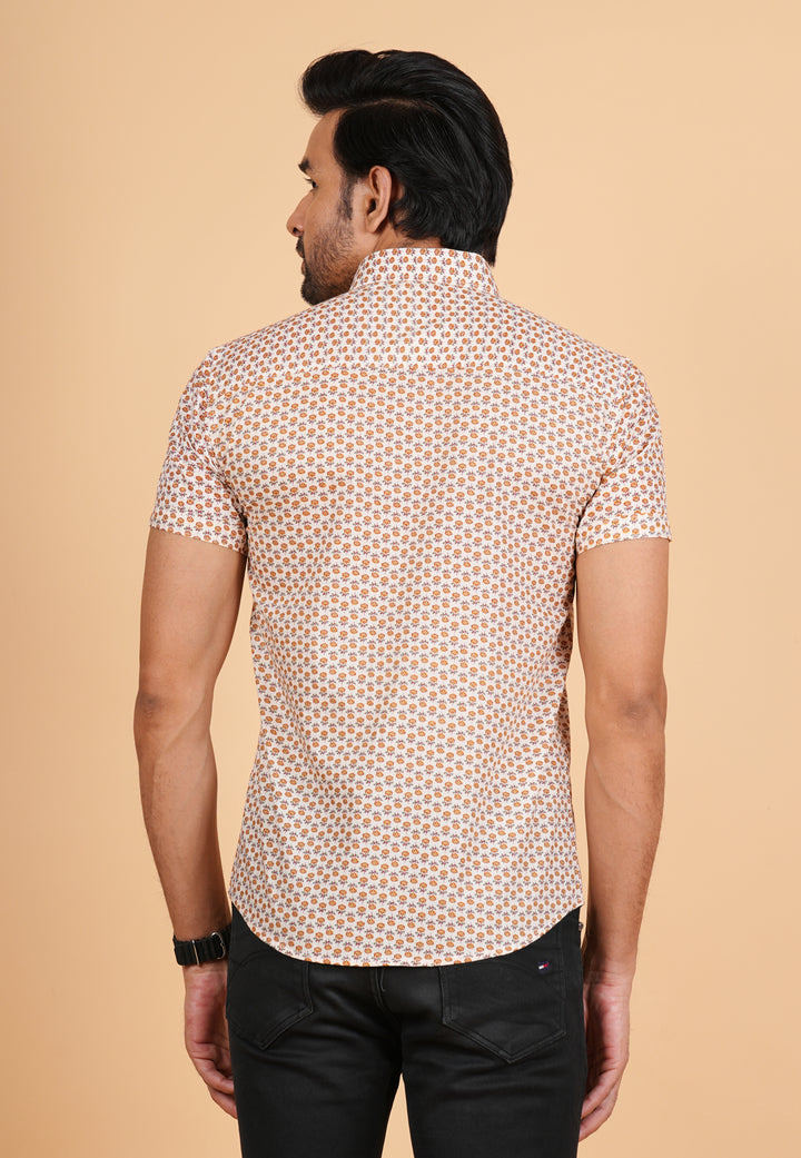 Cream Cotton Unique Print Stylish Half Sleeve Handmade Block Printed  Men's Shirt