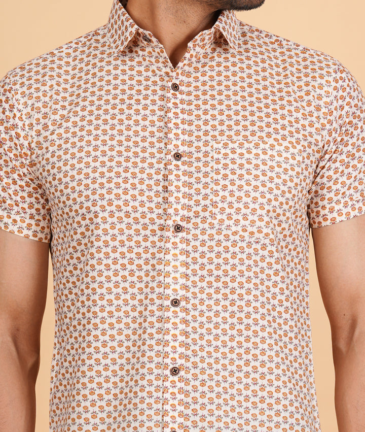 Cream Cotton Unique Print Stylish Half Sleeve Handmade Block Printed  Men's Shirt