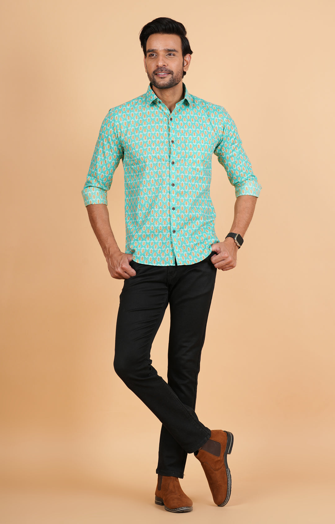 Aqua Green Floral Prints Full Sleeve Cotton Shirt