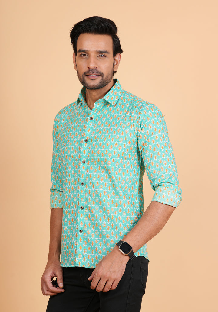 Aqua Green Floral Prints Full Sleeve Cotton Shirt