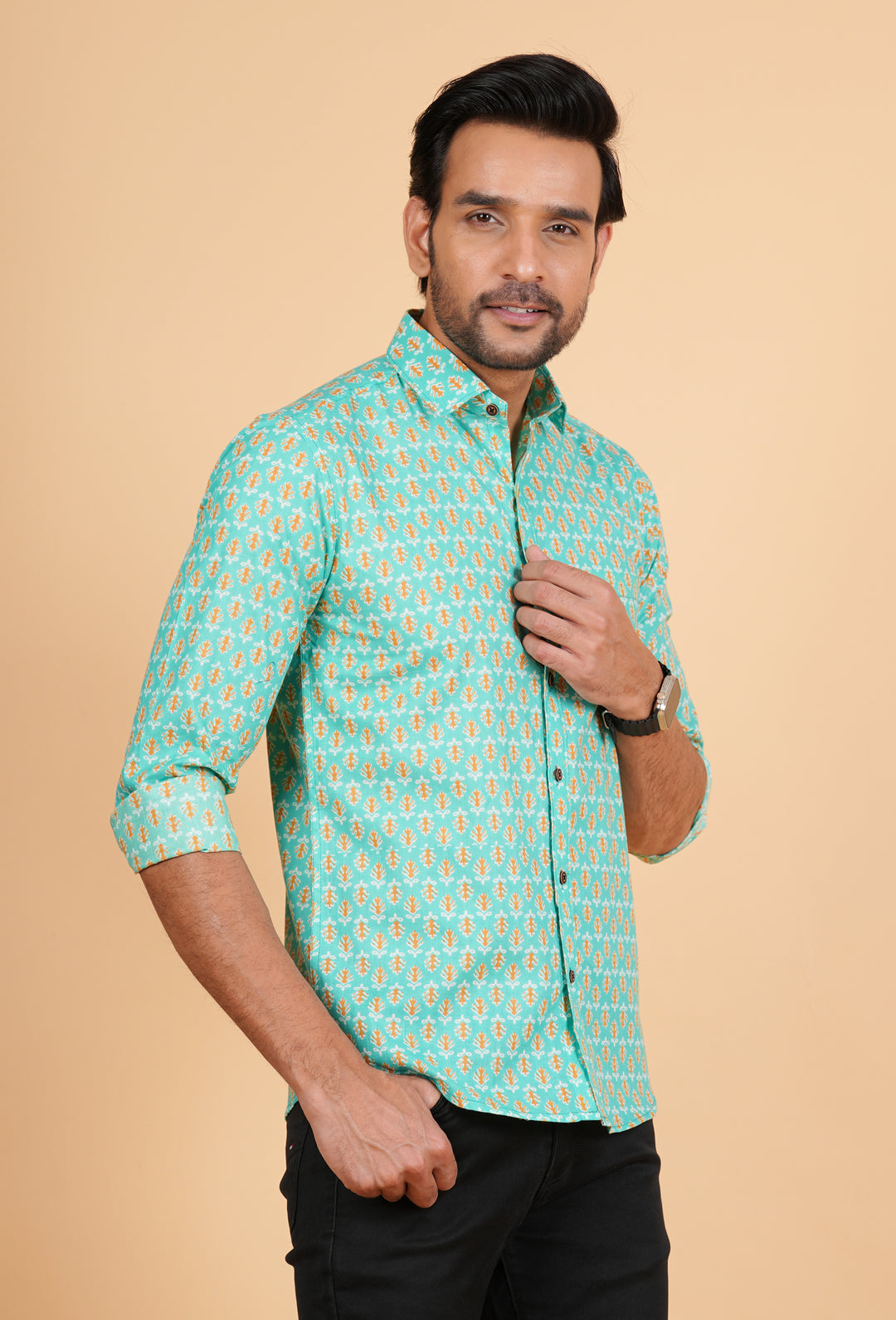 Aqua Green Floral Prints Full Sleeve Cotton Shirt