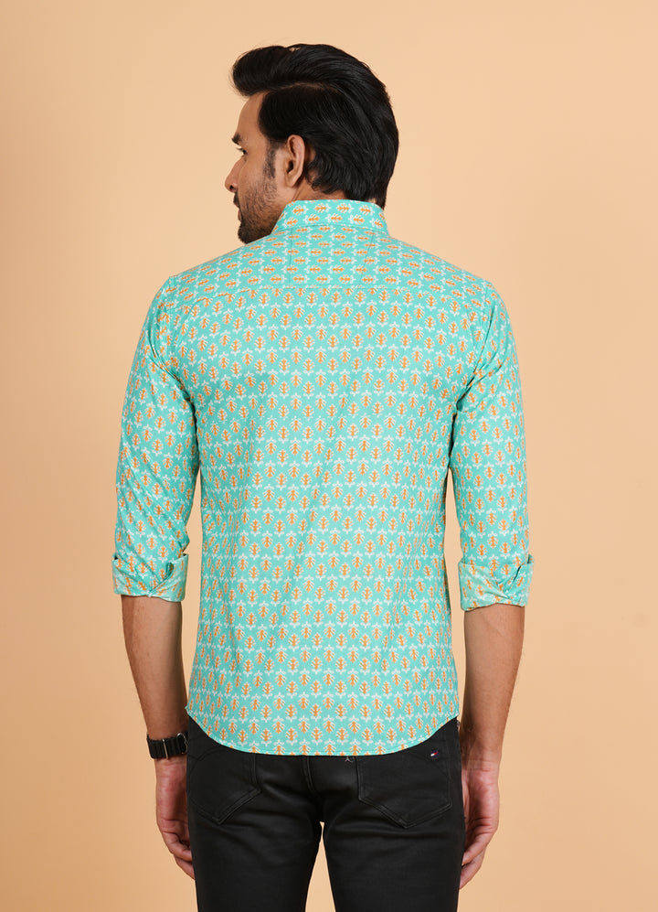 Aqua Green Floral Prints Full Sleeve Cotton Shirt