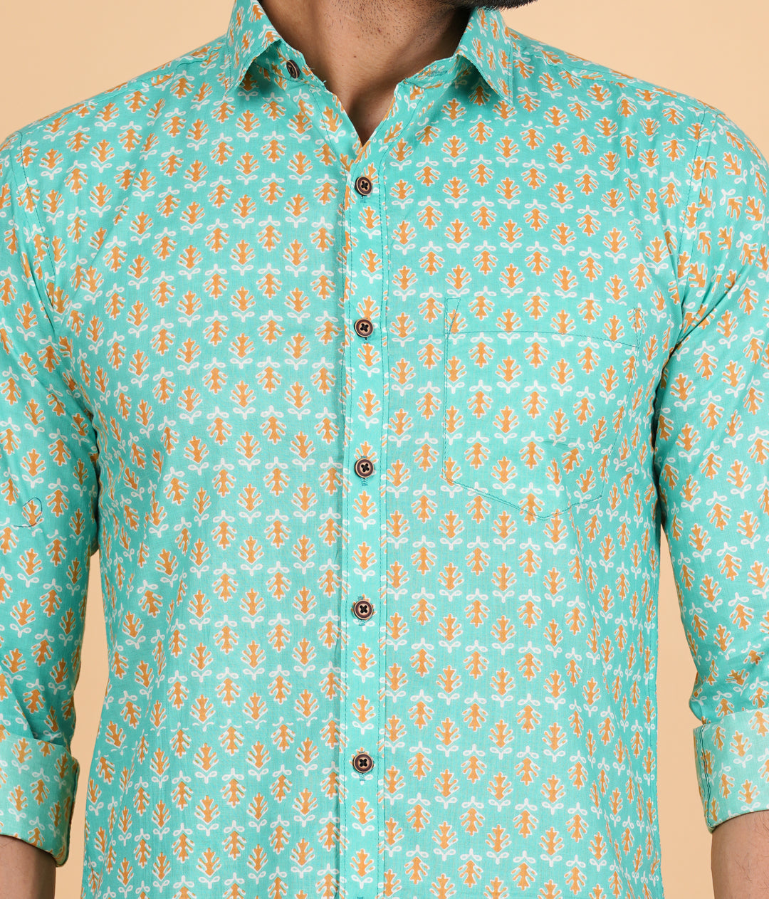 Aqua Green Floral Prints Full Sleeve Cotton Shirt