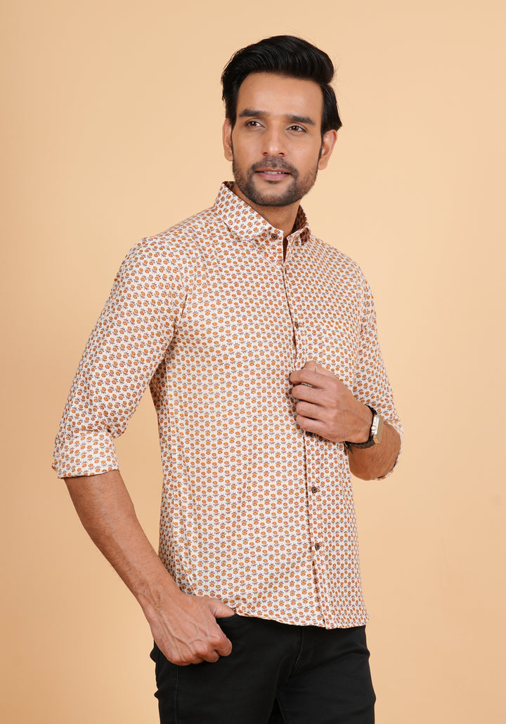 Full Sleeve Cotton Cream Shirt jaipuri Block Print Shirt, Comfortable Hip Length Shirt