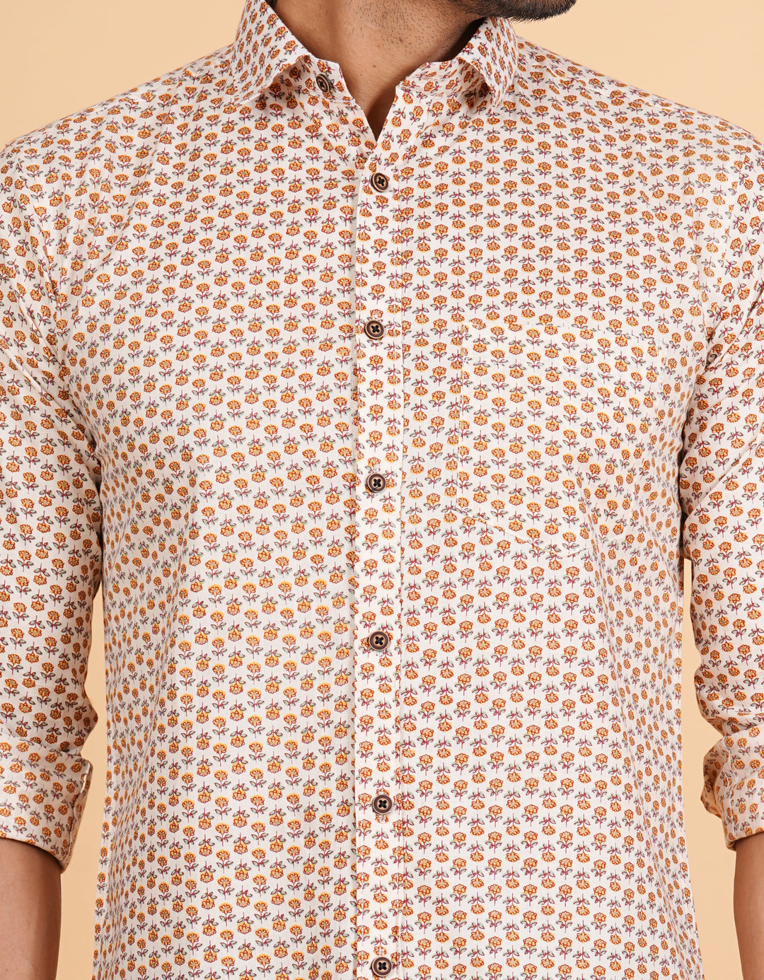 Full Sleeve Cotton Cream Shirt jaipuri Block Print Shirt, Comfortable Hip Length Shirt