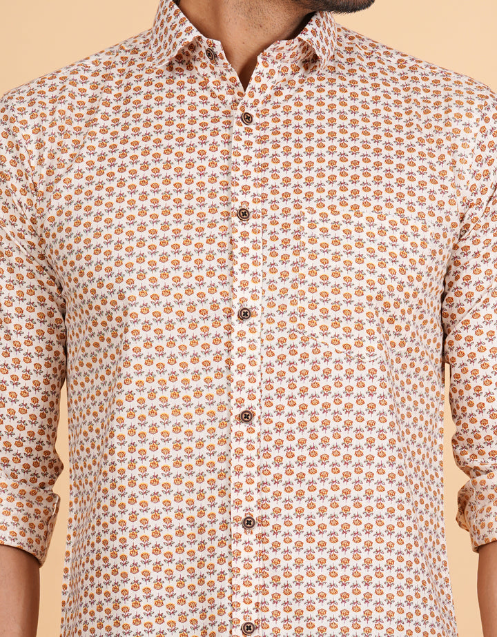 Full Sleeve Cotton Cream Shirt jaipuri Block Print Shirt, Comfortable Hip Length Shirt