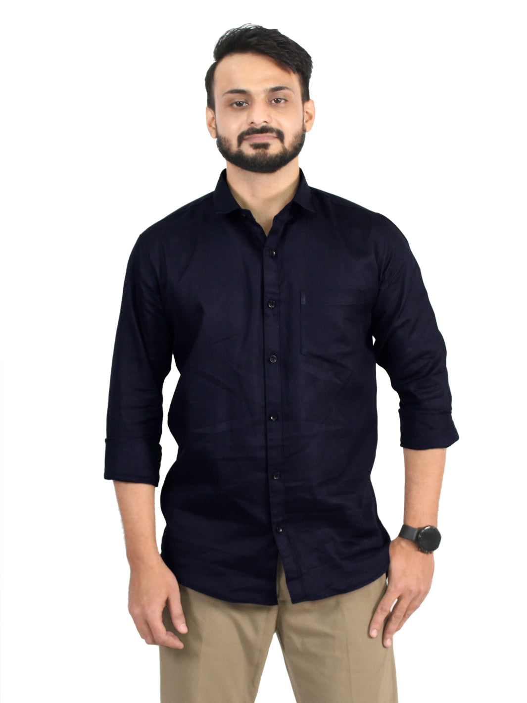 NAVY- Men's Cotton Plain Dark Blue Shirt