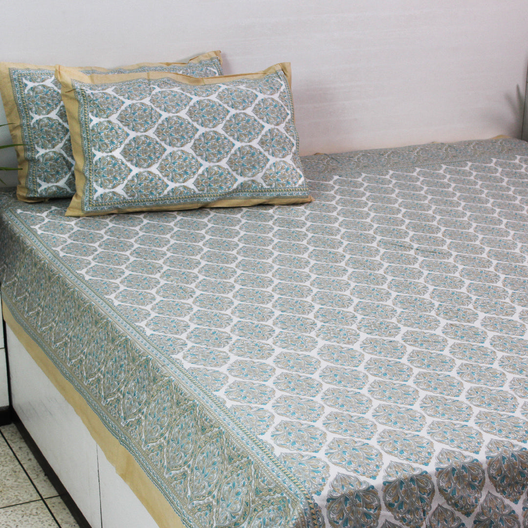 Cotton King Bedsheet Set | Classic Boota Pastel Light Mustered | 108 x 108 Inch