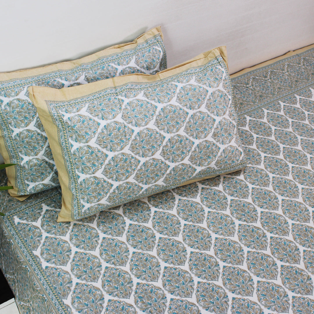 Cotton King Bedsheet Set | Classic Boota Pastel Light Mustered | 108 x 108 Inch