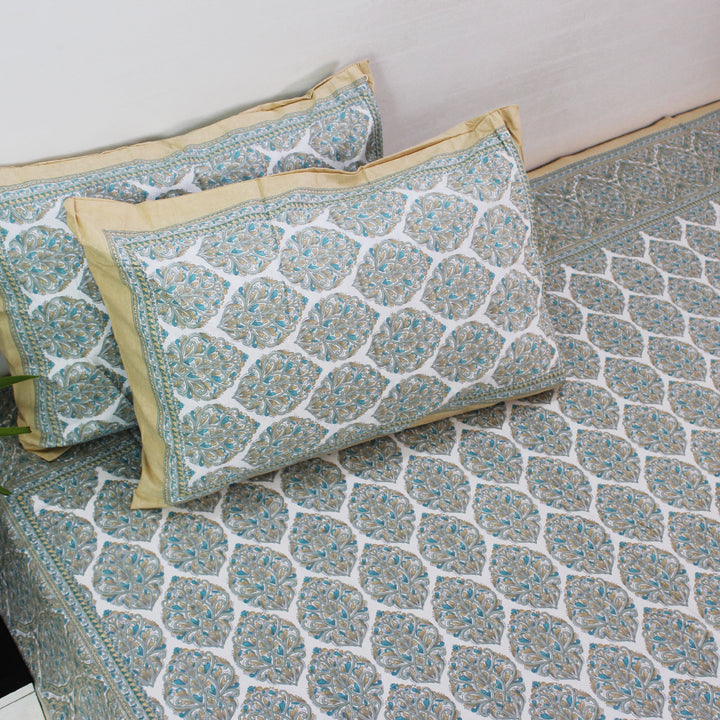 Cotton King Bedsheet Set | Classic Boota Pastel Light Mustered | 108 x 108 Inch