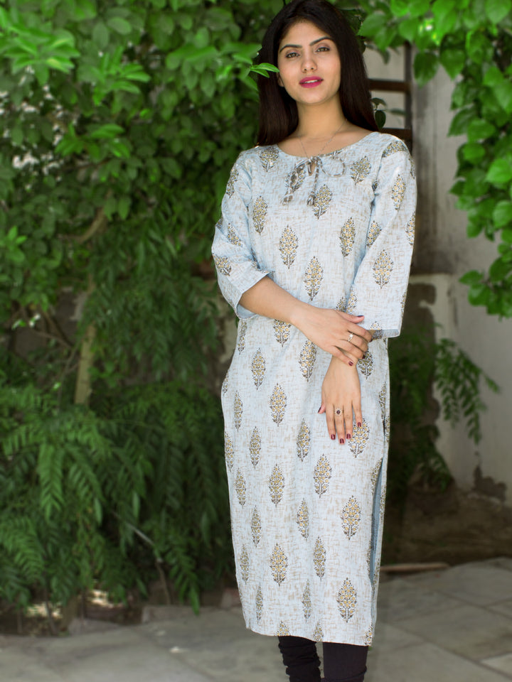 Cotton Rust Blue Long Kurti Gold Print
